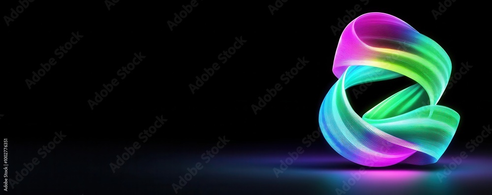 Fototapeta premium Abstract light sculpture of swirling ribbons, holographic, glowing in neon green and purple, plain black background, futuristic