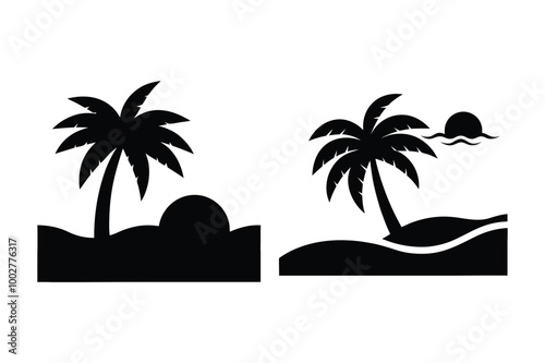 black beach and palm tree logo silhouette vector