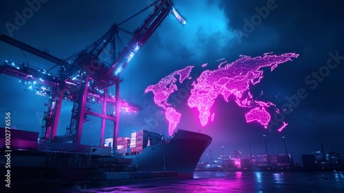 A modern port with a glowing world map superimposed, showcasing the global reach of logistics and the connections between international markets. photo