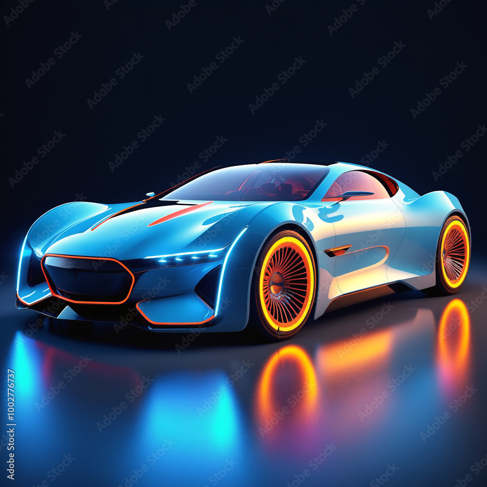 fictional vibrant Blue Car Design with Orange Accents and Glowing Wheels fictional vibrant Blue Car Design with Orange Accents and Glowing Wheels