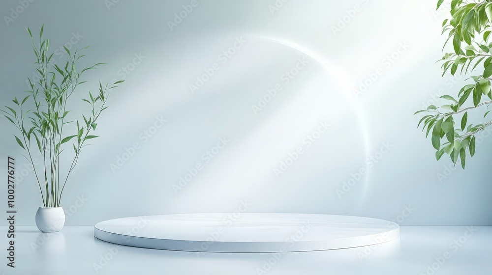 The 3D background features a realistic white circle pedestal podium A white stage with a plant on it The 3D background features a realistic white circle pedestal podium A white stage with a plant on it