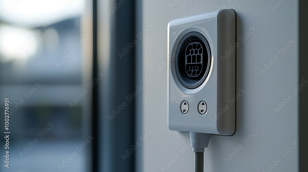 A detailed shot of the charging port of a wall-mounted electric charging station. The white casing is smooth, with the metallic charging connector clicked into place A detailed shot of the charging port of a wall-mounted electric charging station. The white casing is smooth, with the metallic charging connector clicked into place