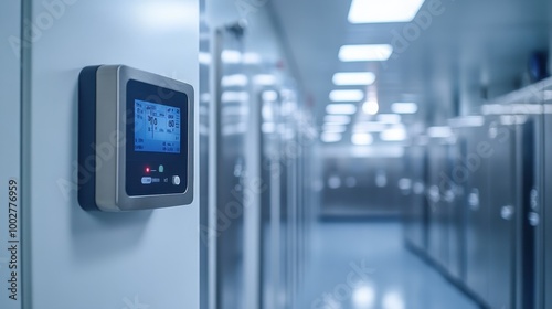 A modern temperature control unit mounted on a wall in a well-lit corridor with storage units, emphasizing a clean and organized environment.