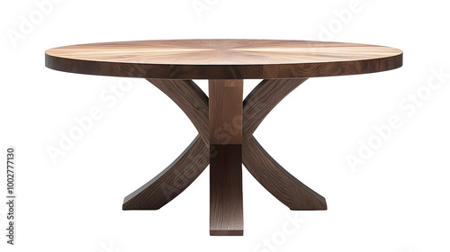 Elegant round wooden dining table with a geometric leg design in a warm,minimalist and contemporary interior setting. The table features a natural wood finish and a clean.