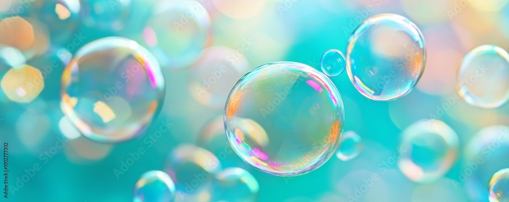 Colorful soap bubbles on turquoise background Colorful soap bubbles on turquoise background