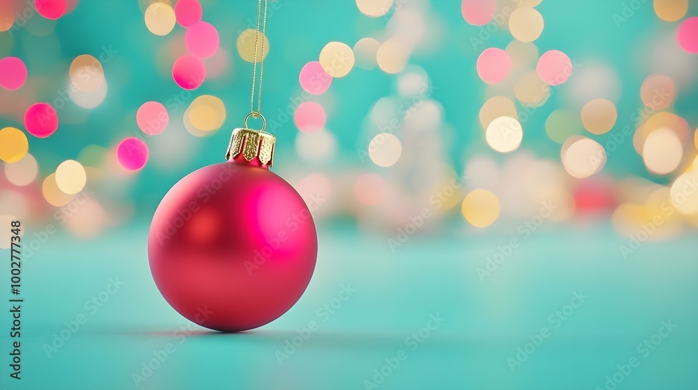 Fototapeta premium a single red Christmas ornament ball with a gold cap, hanging against a blurred background. The background is a mix of turquoise and pink colors with circular bokeh lights