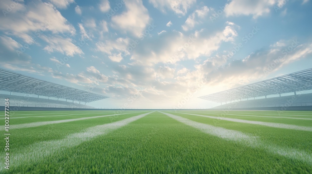 Fototapeta premium A large, empty football field with a blue sky and white clouds