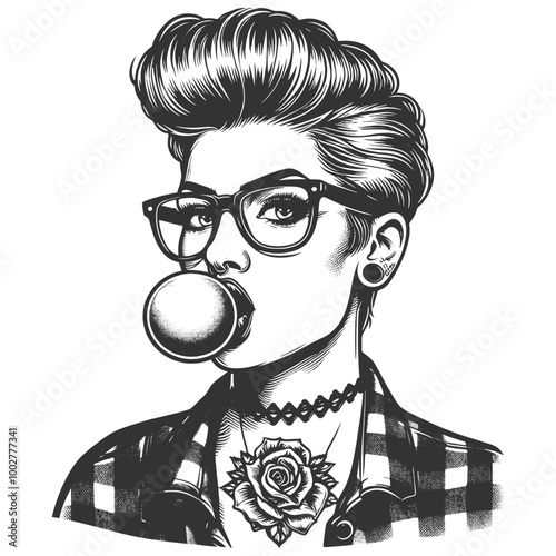 punk woman with glasses, tattoos, and a bubblegum bubble sketch engraving generative ai fictional character vector illustration. Scratch board imitation. Black and white image.