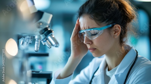 Tired and frustrated scientist in lab with a headache. Woman wearing lab coat and safety glasses working in science laboratory.