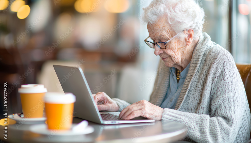 An elderly entrepreneur using her laptop in a cafe, representing the adaptability of older generations in modern business. An elderly entrepreneur using her laptop in a cafe, representing the adaptability of older generations in modern business.