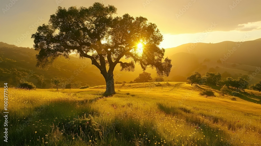 Fototapeta premium Golden Hour Landscape with Oak Tree