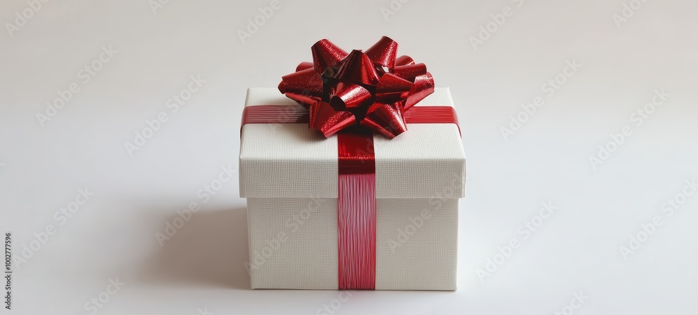 A beautifully wrapped gift box with a festive red ribbon and bow, placed on a white backdrop A beautifully wrapped gift box with a festive red ribbon and bow, placed on a white backdrop