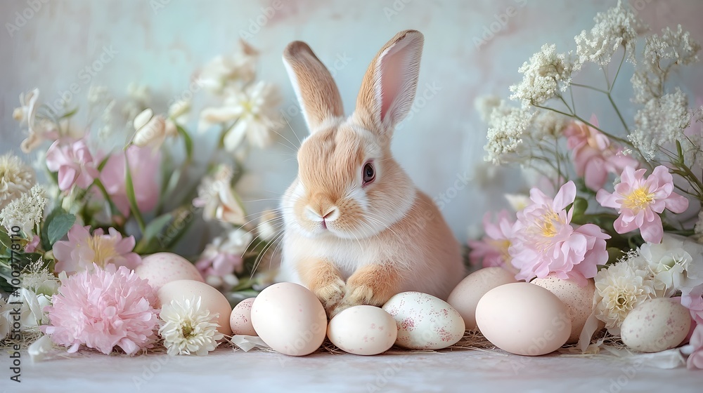 Obraz premium Peaceful and Gentle Easter Bunny Surrounded by Blooming Pastel Flowers Eggs and Other Symbols of Faith in a Serene Spiritual and Whimsical Spring Scene