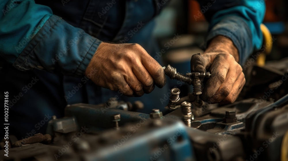 Hands Working on Engine during Mechanical Repair Hands Working on Engine during Mechanical Repair
