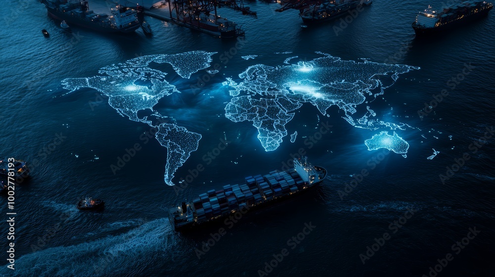 The power of global logistics captured through a world map projected on a port, highlighting the speed and efficiency of international shipping. The power of global logistics captured through a world map projected on a port, highlighting the speed and efficiency of international shipping.