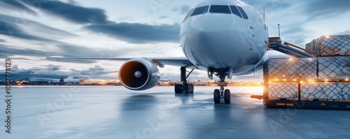 The importance of air freight in modern logistics, shown through a plane being loaded with essential goods destined for global markets. photo