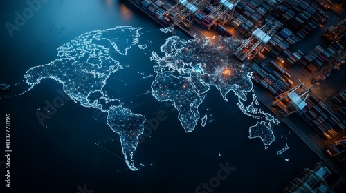 The power of global logistics captured through a world map projected on a port, highlighting the speed and efficiency of international shipping.