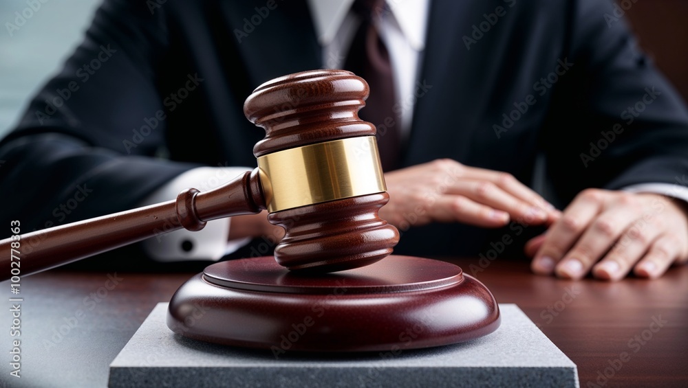 close-up shot of a wooden gavel with a metallic band around its head, placed on a sound block. The background is blurred, showing a person in dark clothing, possibly a judge close-up shot of a wooden gavel with a metallic band around its head, placed on a sound block. The background is blurred, showing a person in dark clothing, possibly a judge