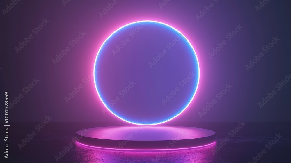 Mockup of a 3D product stand with glowing light and podium. A large, glowing, purple and blue circle is the main focus of the image Mockup of a 3D product stand with glowing light and podium. A large, glowing, purple and blue circle is the main focus of the image