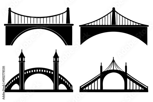 Variety of Bridges  Black Silhouette Vector Art Design Set on White Background