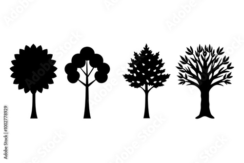 Diverse Trees Silhouette  Black Vector Art Design Set on White Background