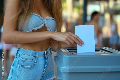 A close-up of a young woman's hand inserting a ballot into a pastel blue voting box, symbolizing democracy and civic engagement photo