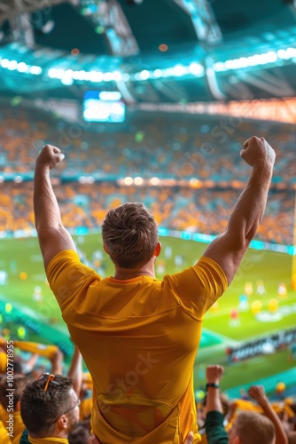 Vibrant football stadium scene captures a triumphant fan celebrating victory. Spectators filled the stands with energy and excitement as the central figure raises arms in triumph.