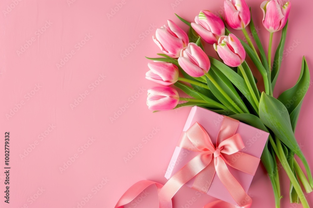 Fototapeta premium Pink Gift Box with Tulips on Pastel Background: Elegant Floral Arrangement for Spring Celebrations