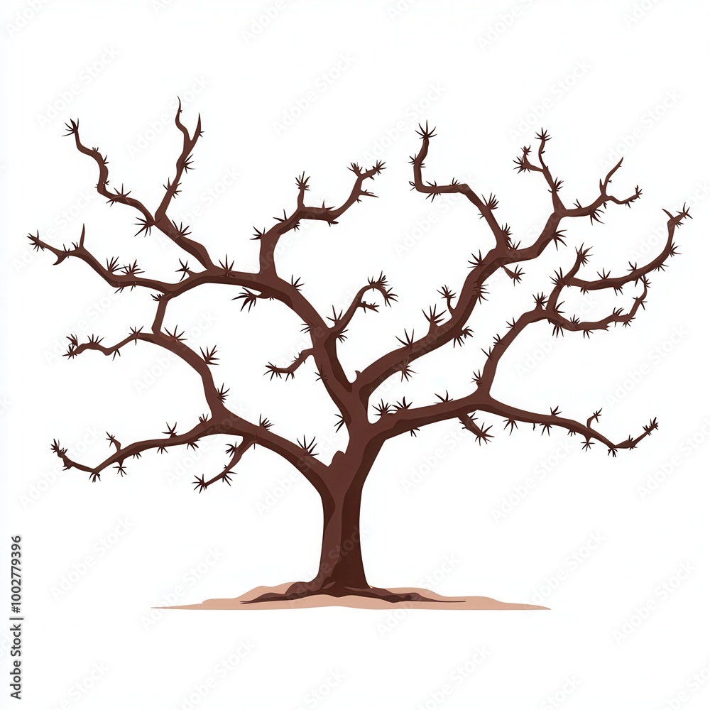 Fototapeta premium Spiny Blackthorn Tree Silhouette Against White Background