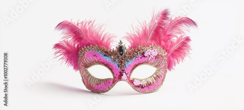 A festive New Year Eve party mask with sequins and feathers, centered on a white background