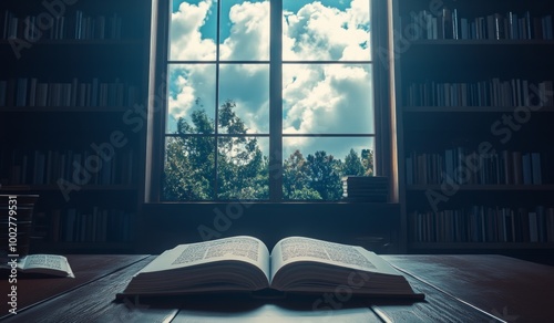 With a colorful, dramatic horizon and a divine ray, this mysterious Bible stands on a table. photo