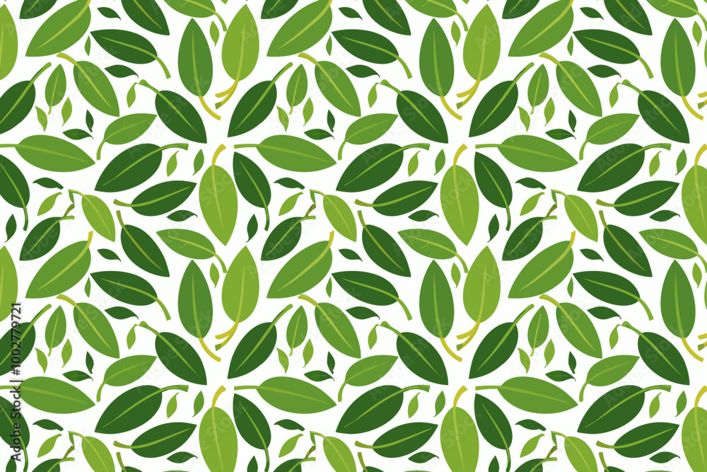 Seamless pattern with green leaves on white background. Vector illustration.