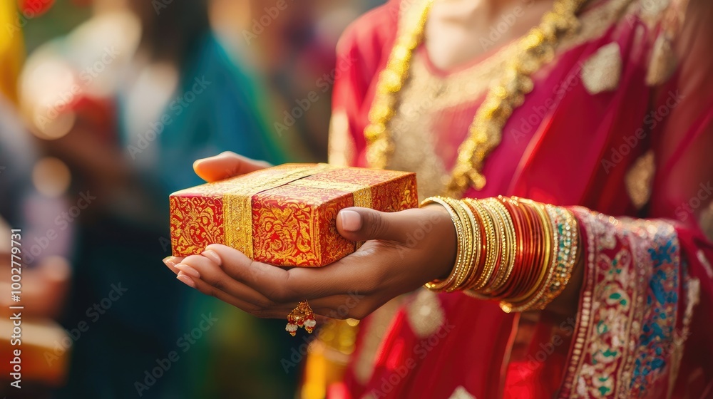 Fototapeta premium Indian Asian woman wears gold bangles on festival day receiving gift box. closeup picture, Generative Ai