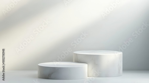 The 3D background features a realistic white cylinder pedestal podium Two white pedestals are placed in front of a white wall Mockup of a product