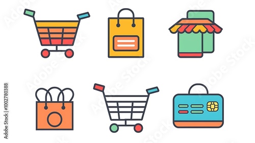 Set of minimalist e-commerce icons designed with clean lines and simple shapes, representing shopping