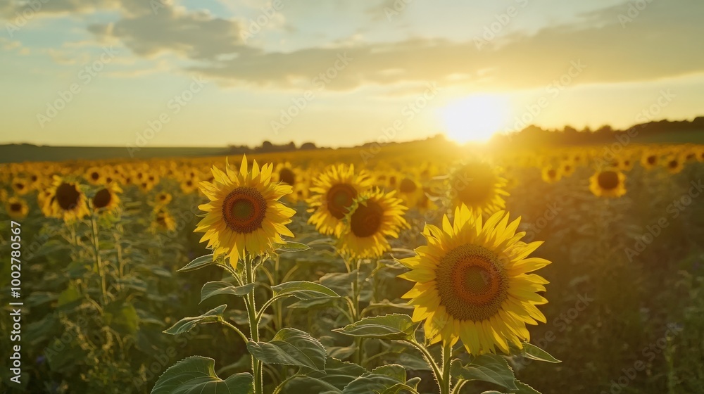 Obraz premium Sunflowers stretch across a vast field under the warm golden glow of sunset. The vibrant flowers turn toward the sun, creating a picturesque landscape filled with natural beauty