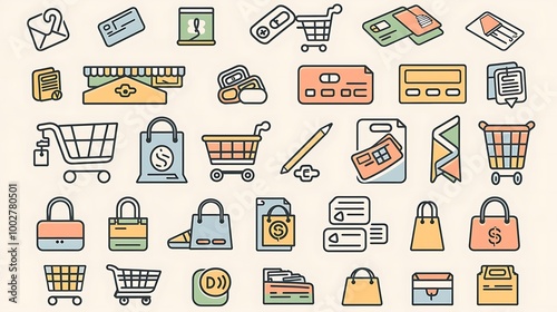 Set of minimalist e-commerce icons designed with clean lines and simple shapes, representing shopping
