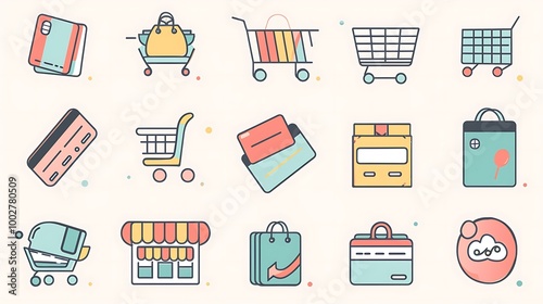 Set of minimalist e-commerce icons designed with clean lines and simple shapes, representing shopping