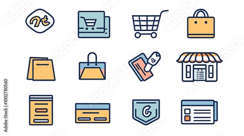 Set of minimalist e-commerce icons designed with clean lines and simple shapes, representing shopping