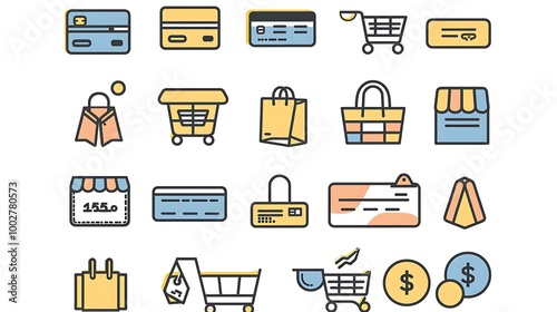 Set of minimalist e-commerce icons designed with clean lines and simple shapes, representing shopping