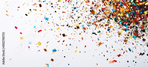 A sparkling New Year confetti with various colors and shapes, scattered on a plain white background