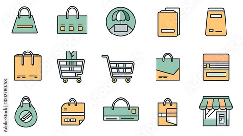 E-commerce icon collection showcasing essential shopping elements with clean and bold designs