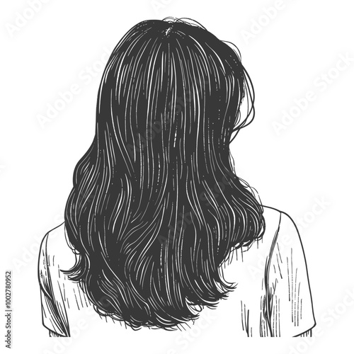 A Back View Sketch of a Woman with Long Wavy Hair