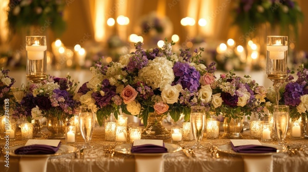 Beautifully decorated wedding reception table, with floral centerpieces and candles. Ample room for text Beautifully decorated wedding reception table, with floral centerpieces and candles. Ample room for text