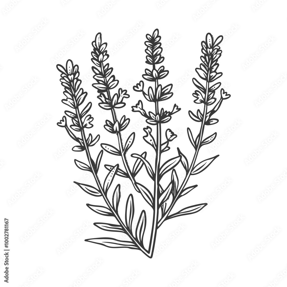 Naklejka premium A Black and White Hand Drawn Illustration of Lavender Flowers