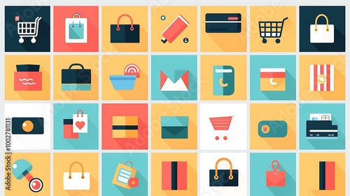 E-commerce icon collection showcasing essential shopping elements with clean and bold designs