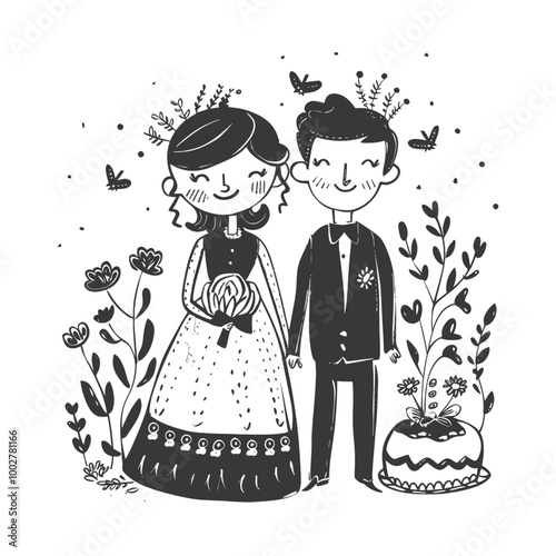 A Black and White Illustration of a Bride and Groom with a Cake