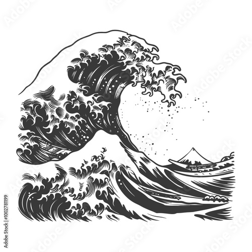 A Black and White Illustration of a Large Wave Breaking Over Mount Fuji