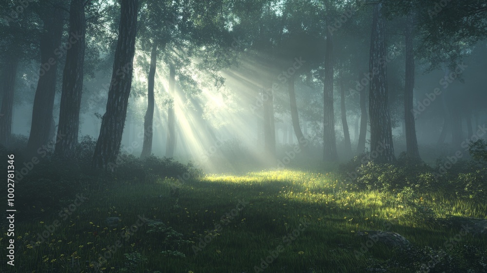 Obraz premium A fog-laden forest at dawn, with thin rays of light cutting through the mist