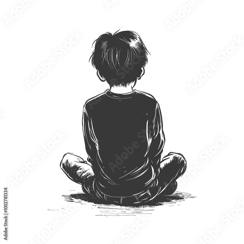 A black and white illustration of a young boy sitting with his back to the viewer